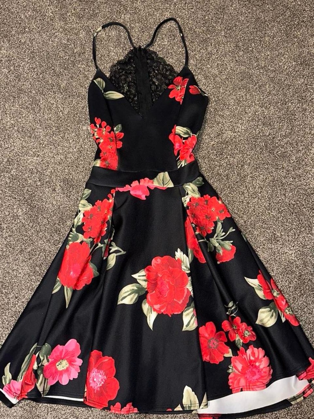 Black Midi Dress with Red Floral Print and Lace Bodice